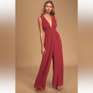Burgundy jumpsuit, sleeveless pants. Lulus